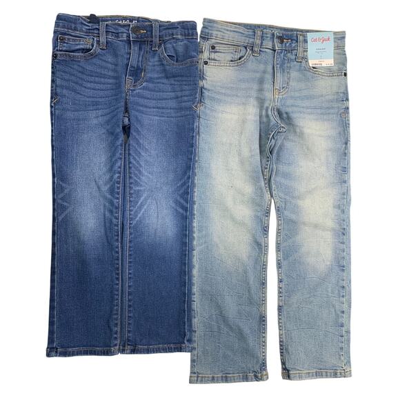 2 NWT New Cat & Jack Girls Size 7 Adjustable Waist Straight Stretch Denim Jeans - Picture 1 of 3